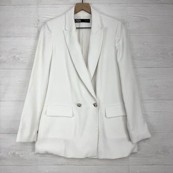 Zara Longline White Double Breasted‎ Blazer Women S Tailored Notch Collar Lined - Picture 2 of 16